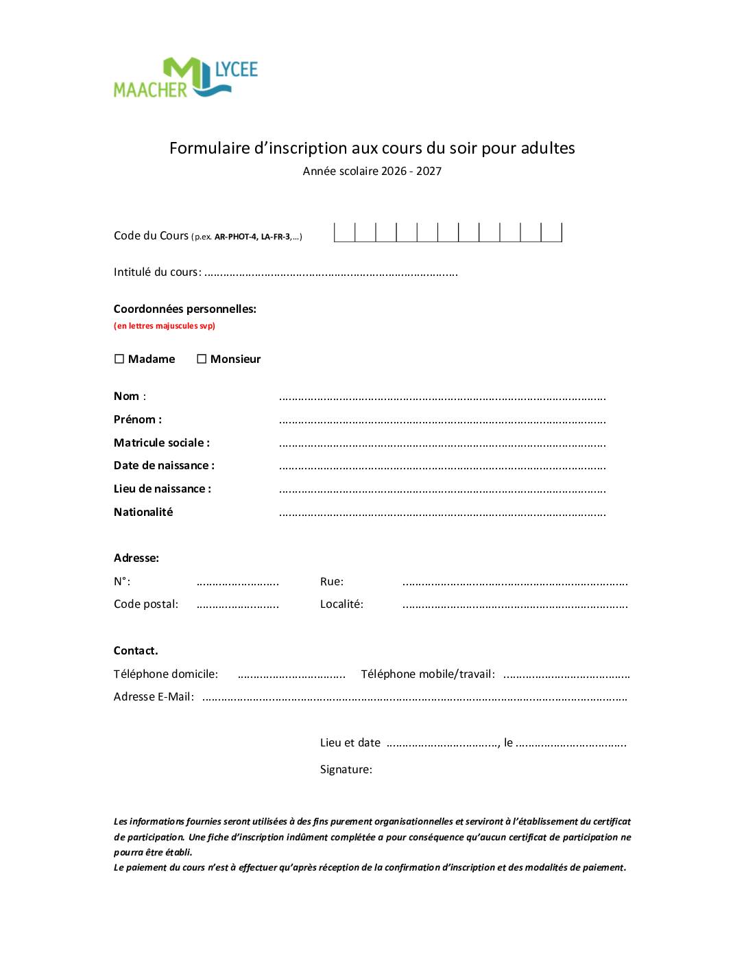 Formulaire d’inscription aux cours du soir pour adultes